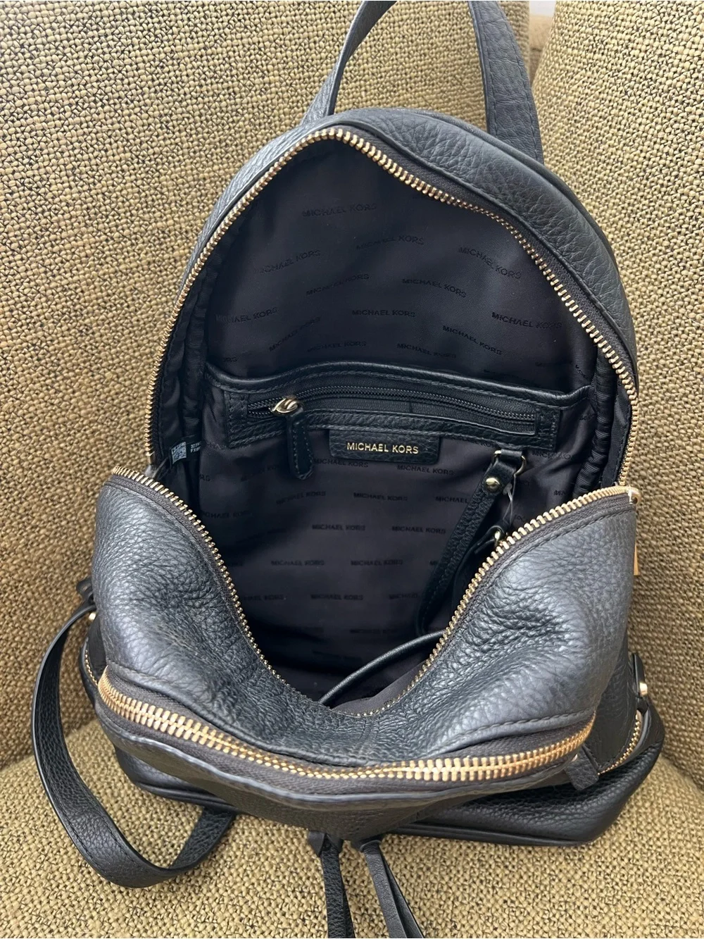 Michael Kors Black Rhea Leather Zip Backpack with Gold Hardware